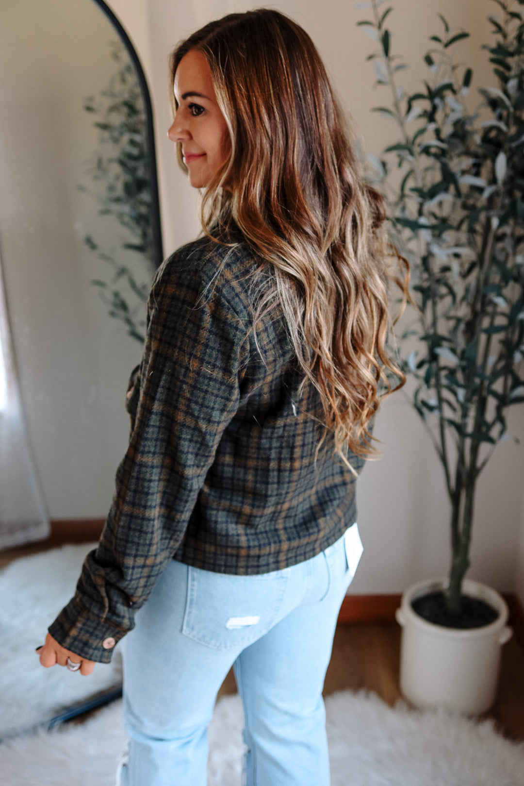 Clare Plaid Crop Jacket - Forest Green