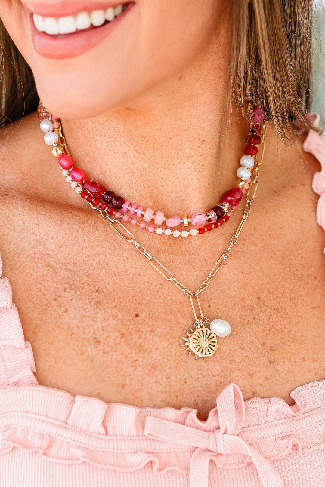 Layered Beaded Sun and Pearl Charms Chain Necklace