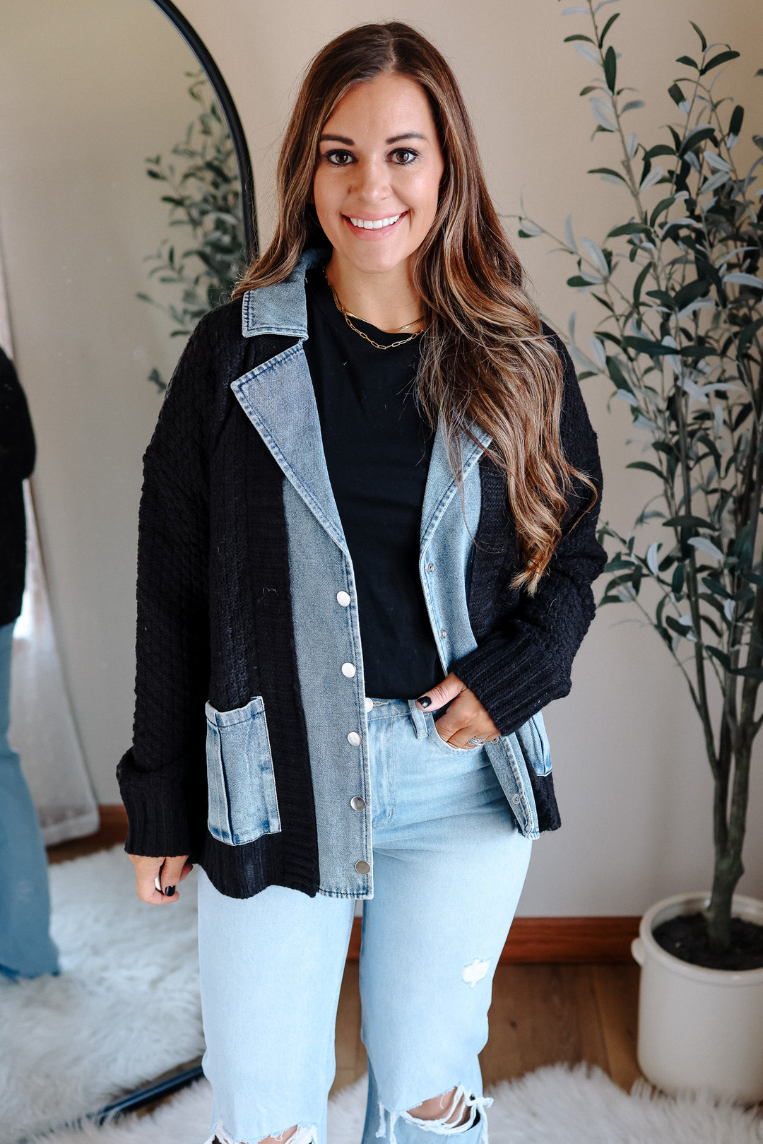 Rielle Denim Contrast Sweater Cardigan - Black