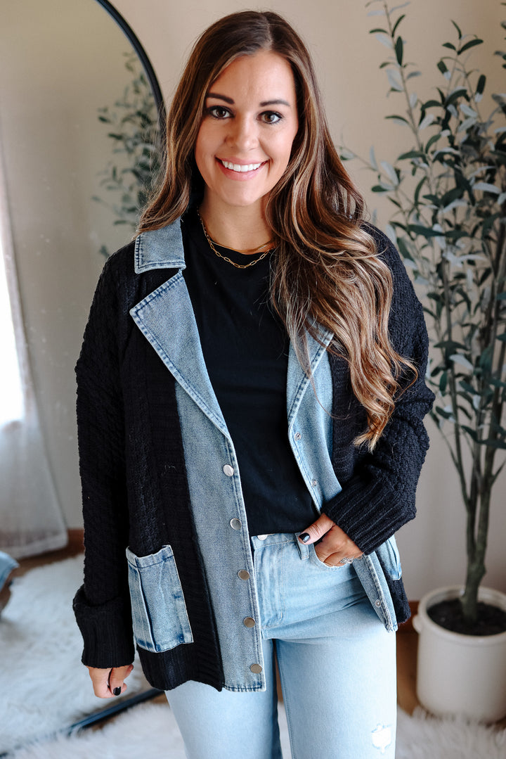 Rielle Denim Contrast Sweater Cardigan - Black
