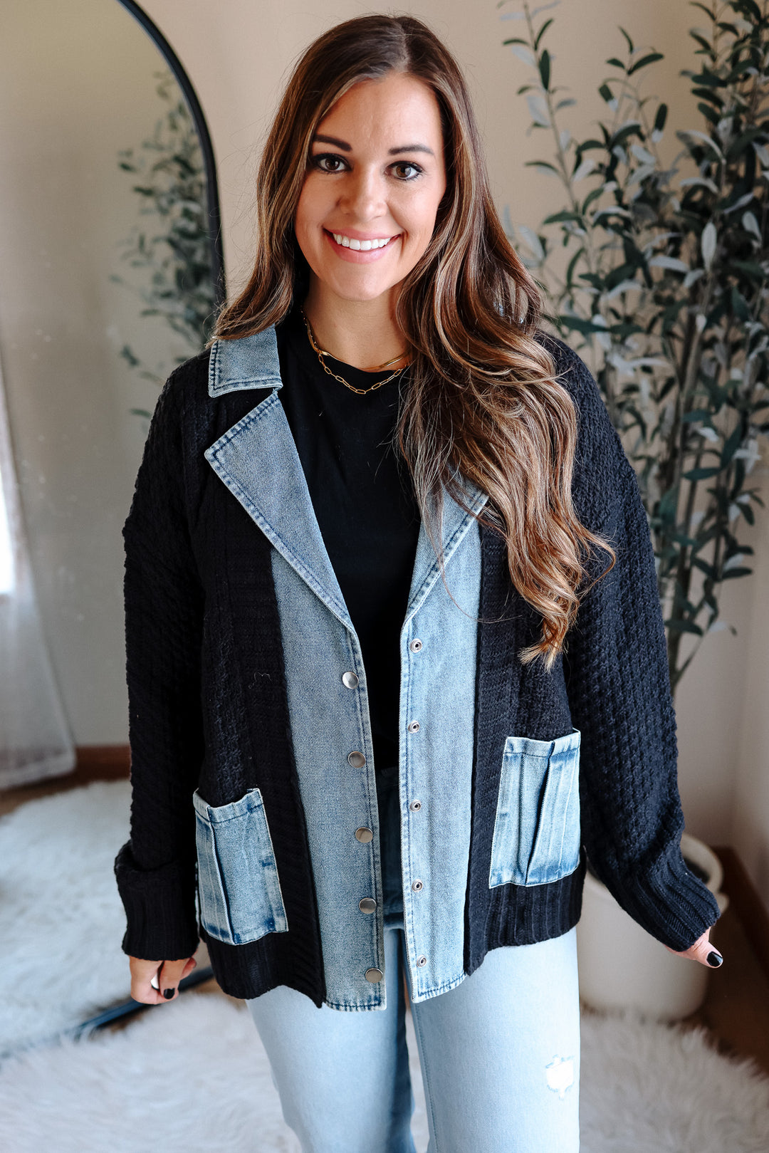 Rielle Denim Contrast Sweater Cardigan - Black