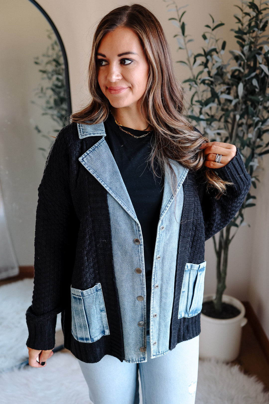 Rielle Denim Contrast Sweater Cardigan - Black