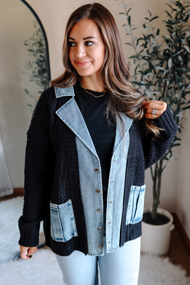 Rielle Denim Contrast Sweater Cardigan - Black