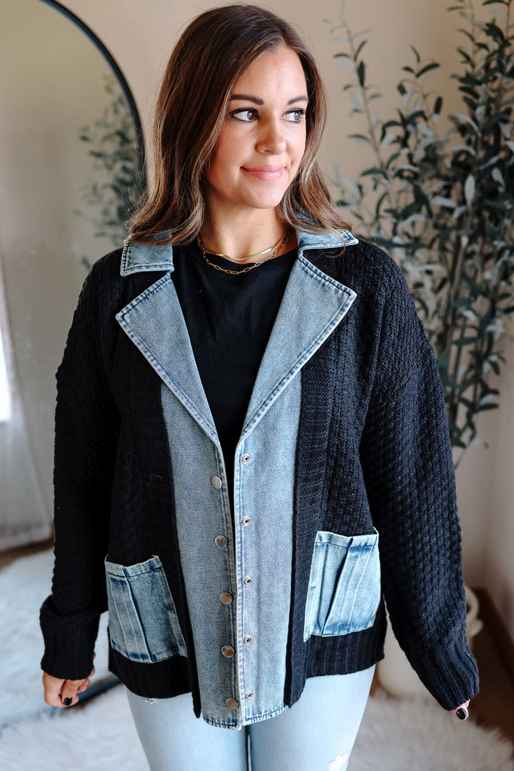 Rielle Denim Contrast Sweater Cardigan - Black