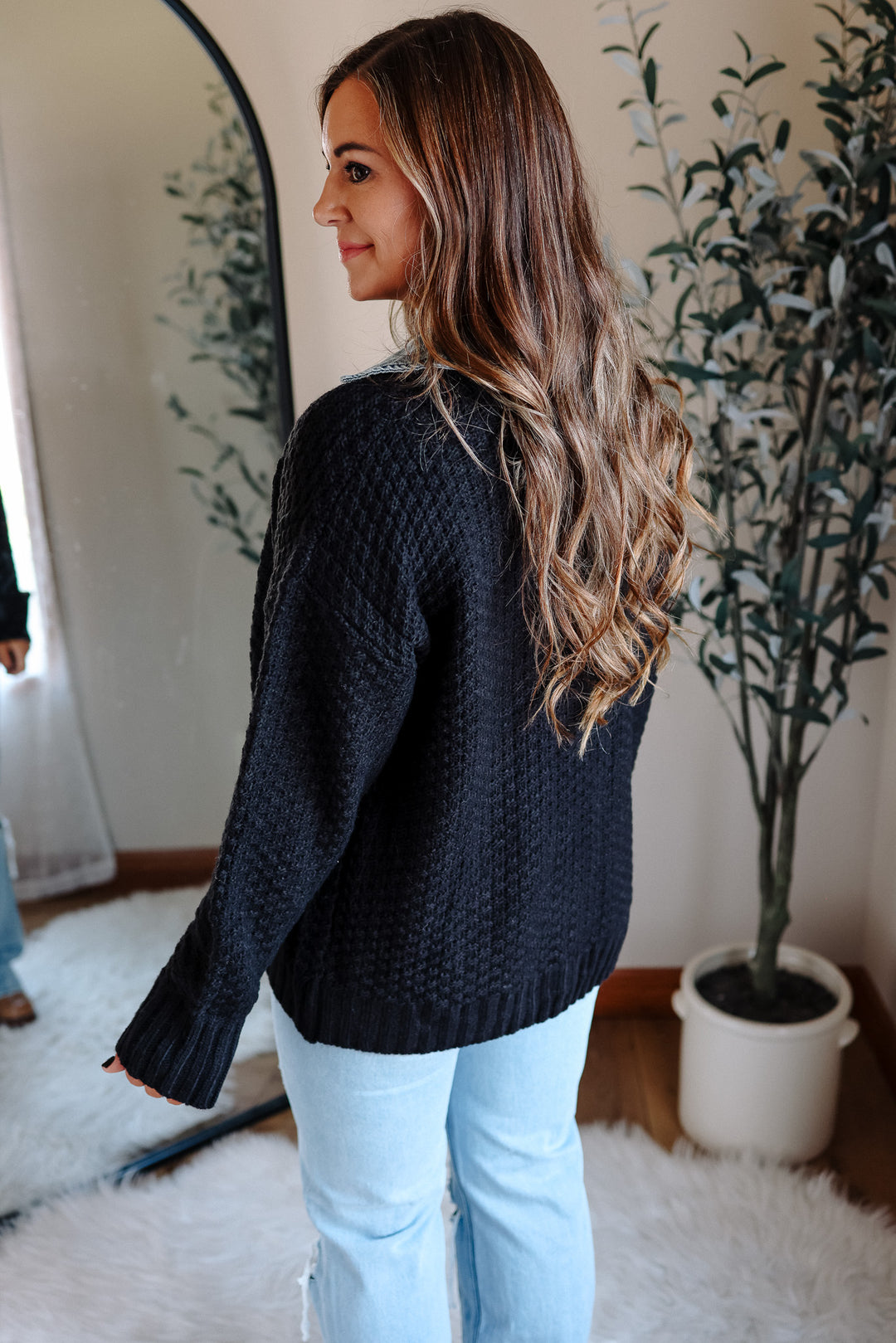 Rielle Denim Contrast Sweater Cardigan - Black