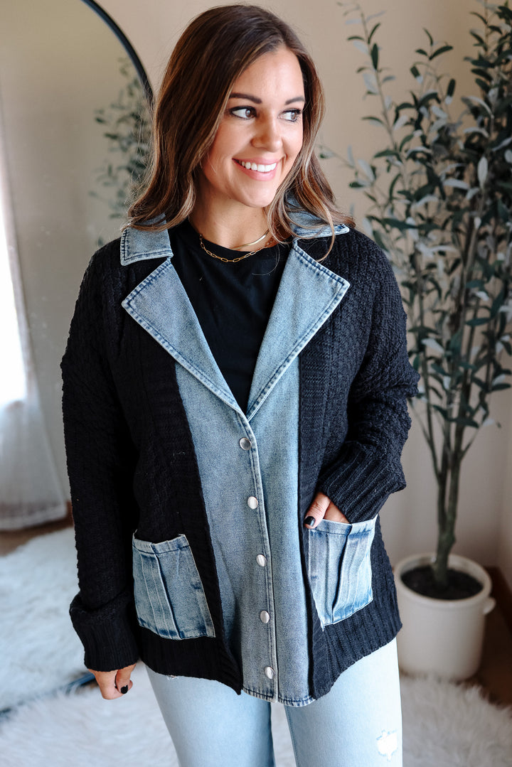 Rielle Denim Contrast Sweater Cardigan - Black