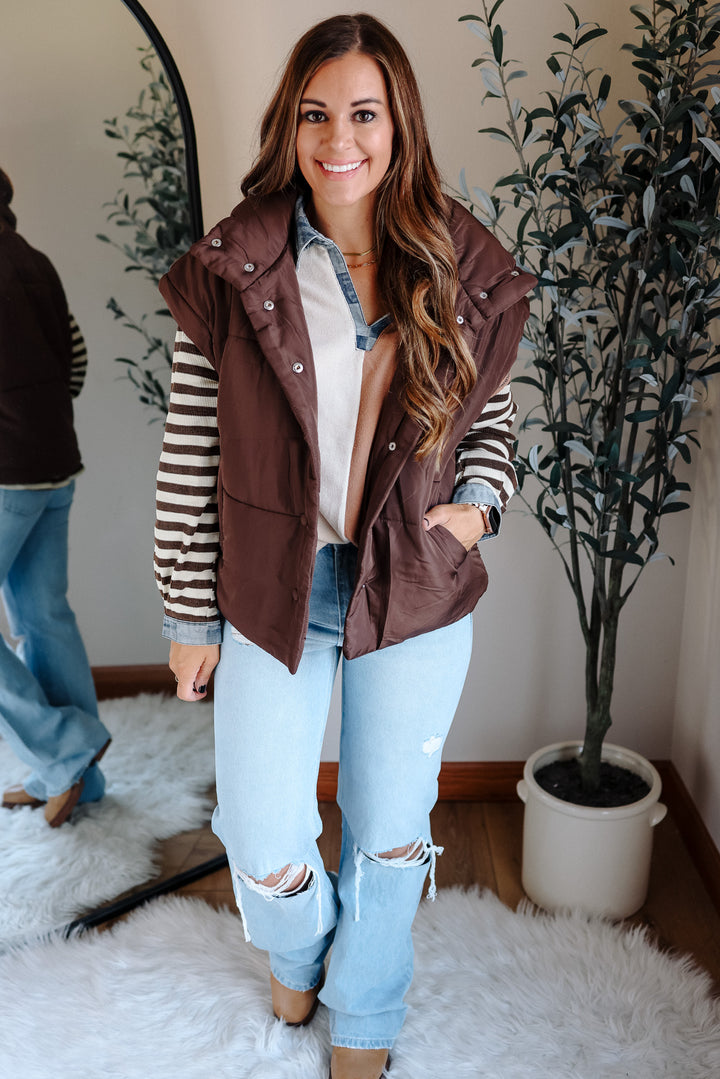 Sammi Snap Button Puffer Vest - Dark Brown