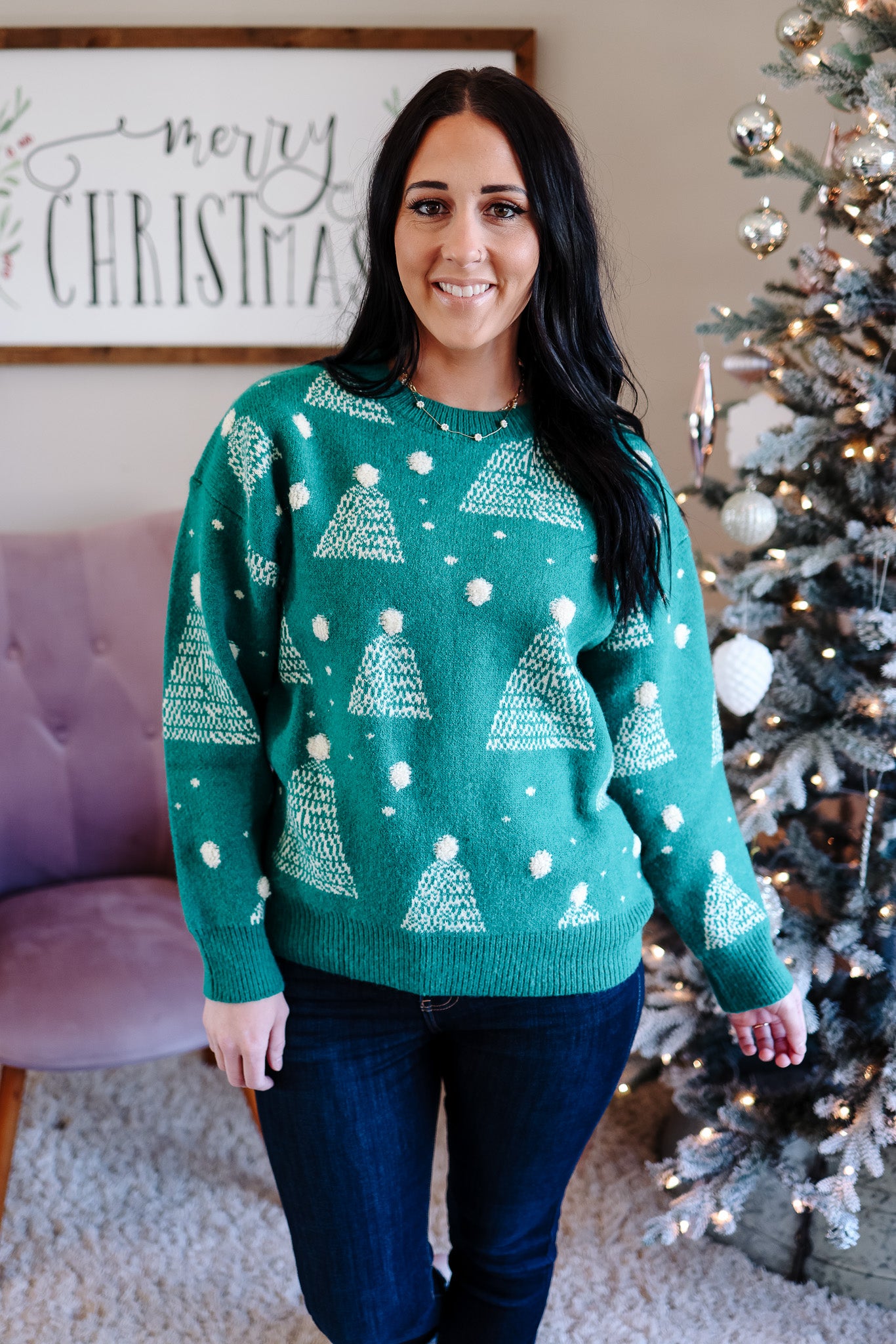 Holiday Tree Print Pompom Sweater