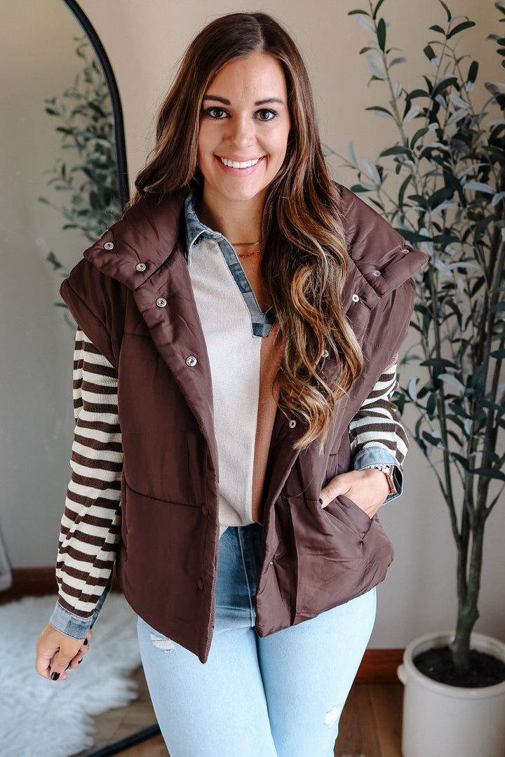 Sammi Snap Button Puffer Vest - Dark Brown