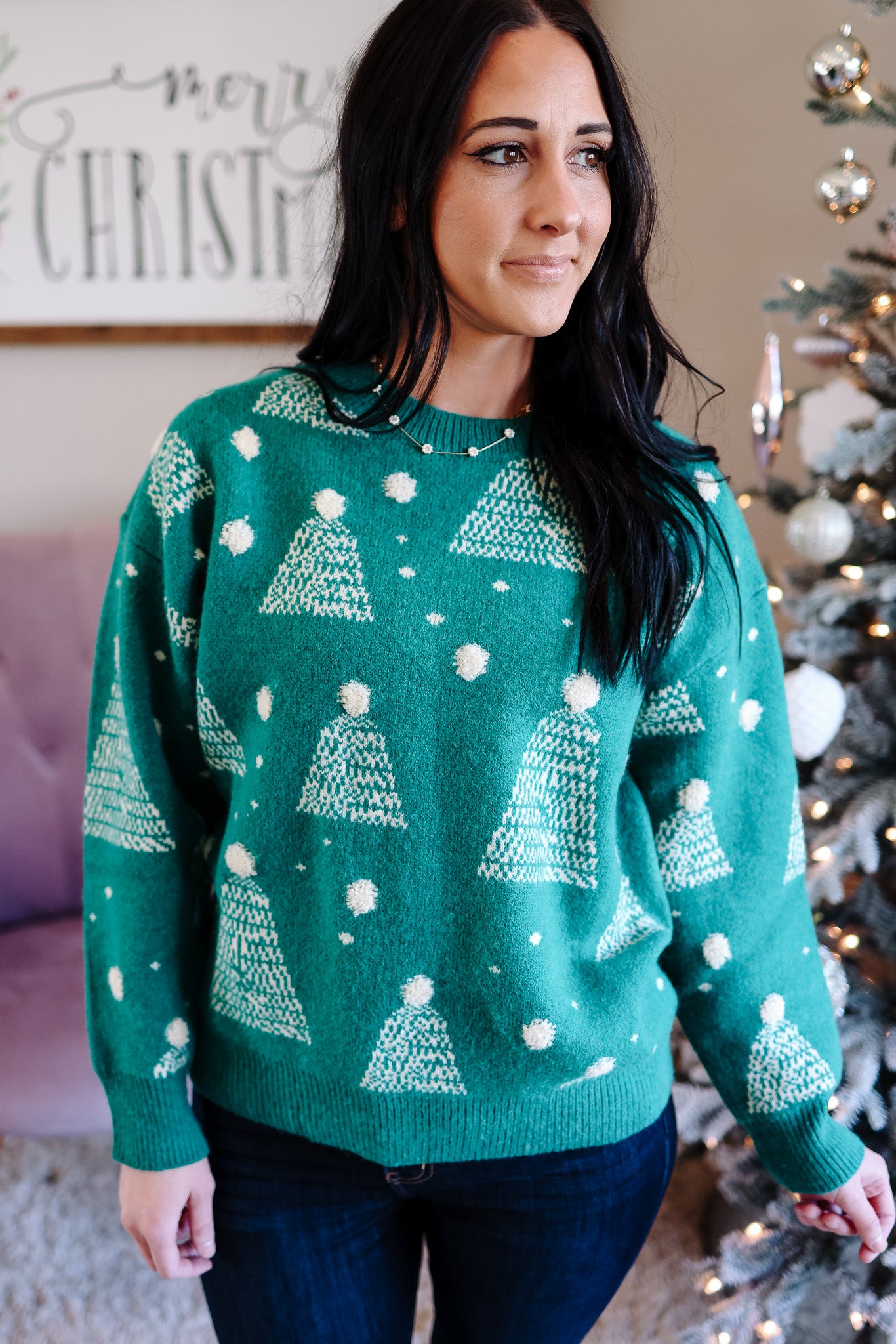 Holiday Tree Print Pompom Sweater