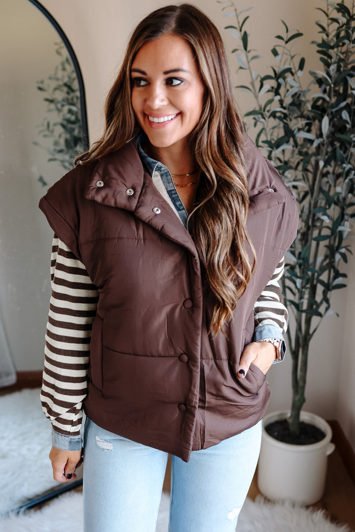 Sammi Snap Button Puffer Vest - Dark Brown