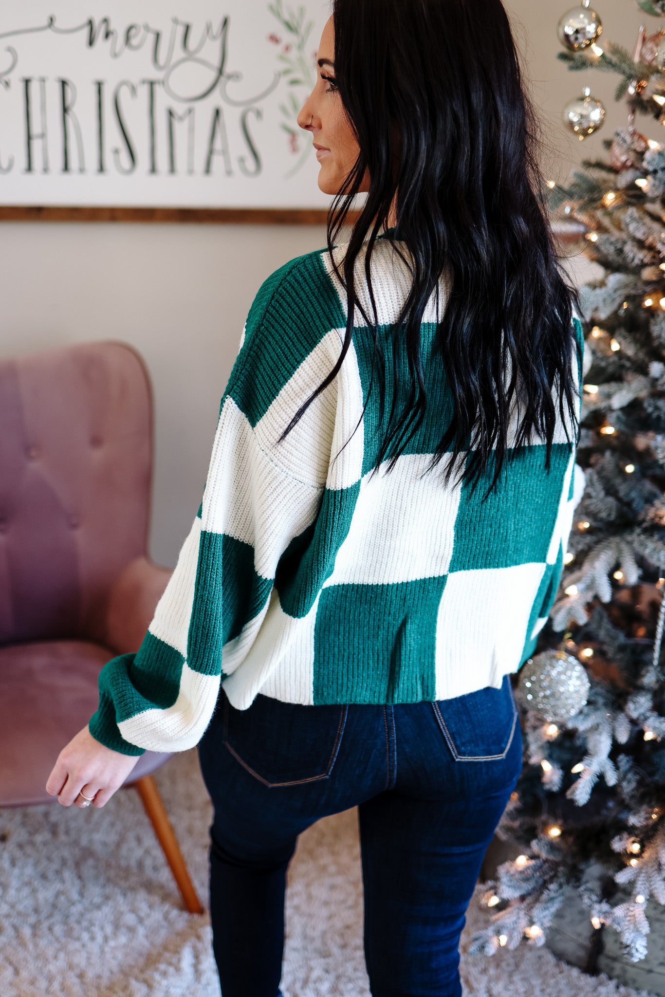 Lola Checkered Sweater - Hunter Green