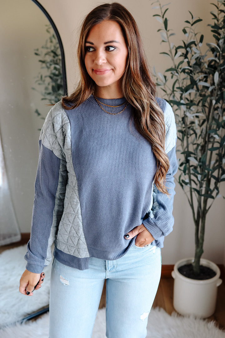 Madeline Mixed Fabric Top - Blue/Grey