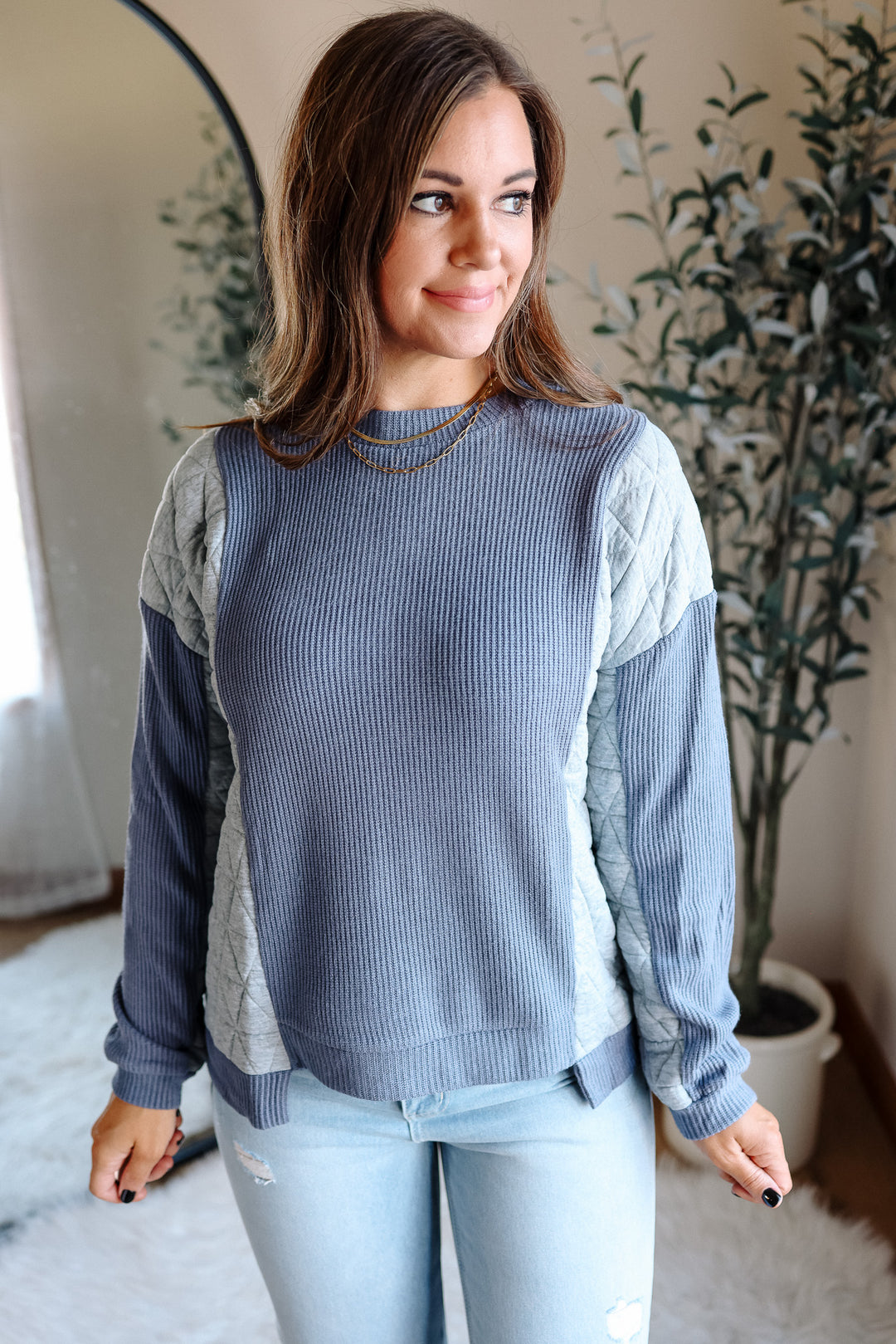 Madeline Mixed Fabric Top - Blue/Grey