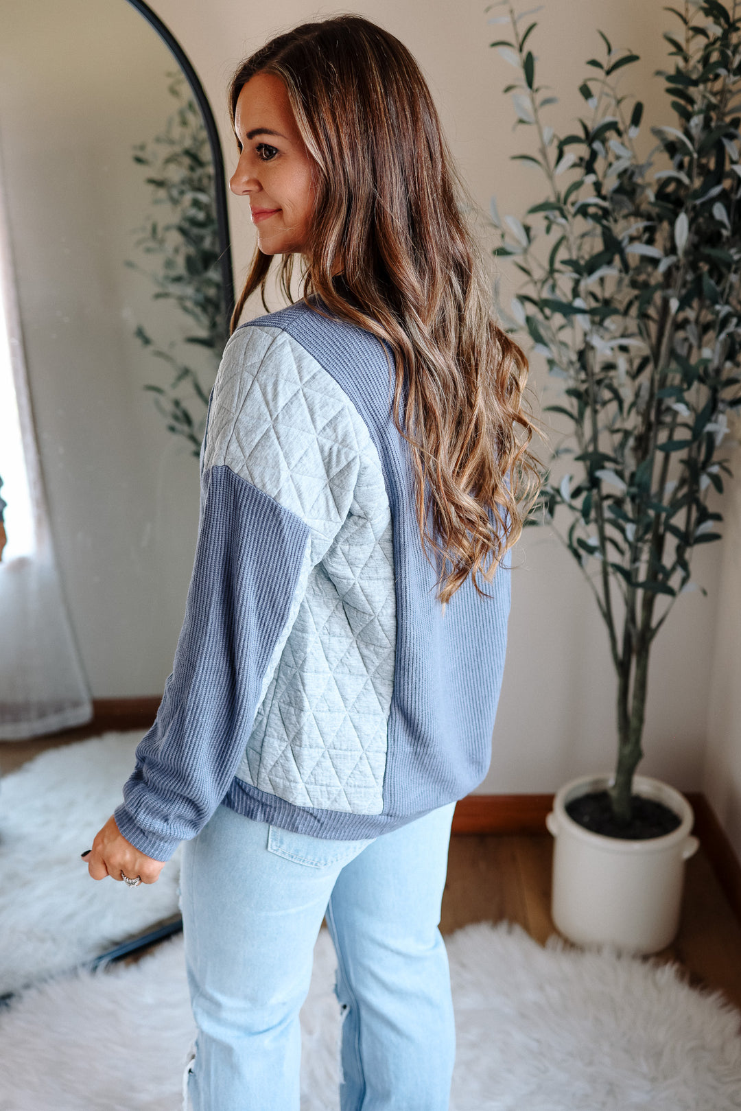 Madeline Mixed Fabric Top - Blue/Grey