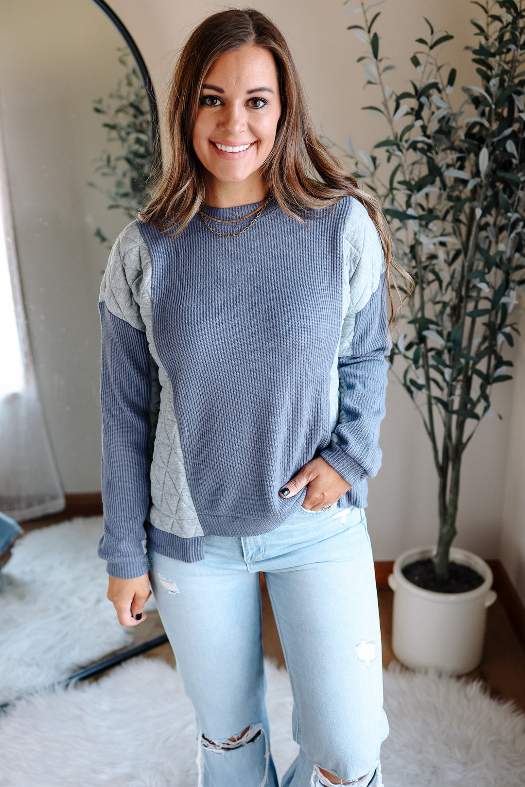 Madeline Mixed Fabric Top - Blue/Grey