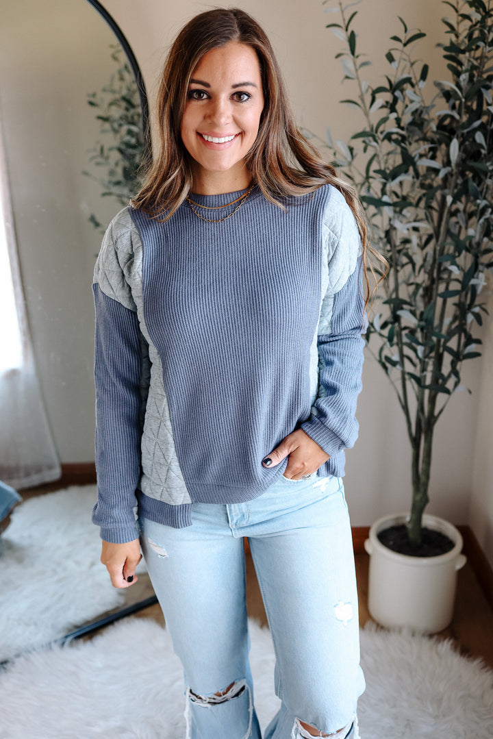 Madeline Mixed Fabric Top - Blue/Grey