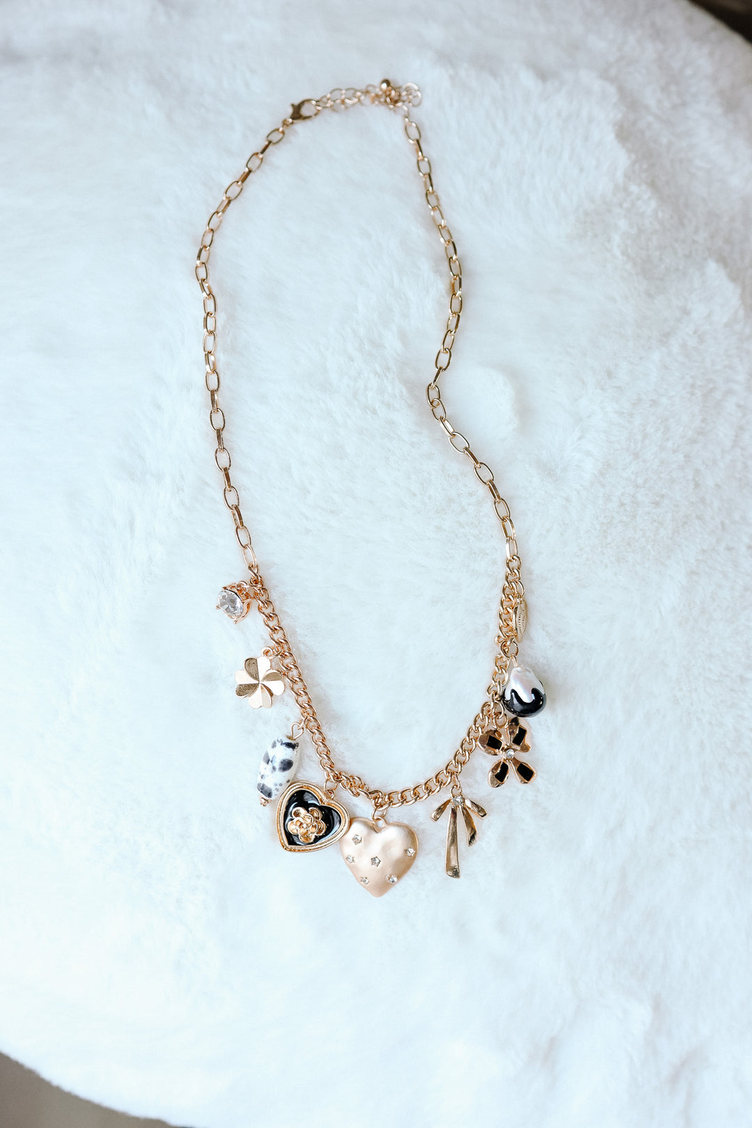 Heart Bow Pearl Flower Charm Necklace