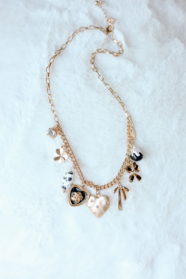 Heart Bow Pearl Flower Charm Necklace