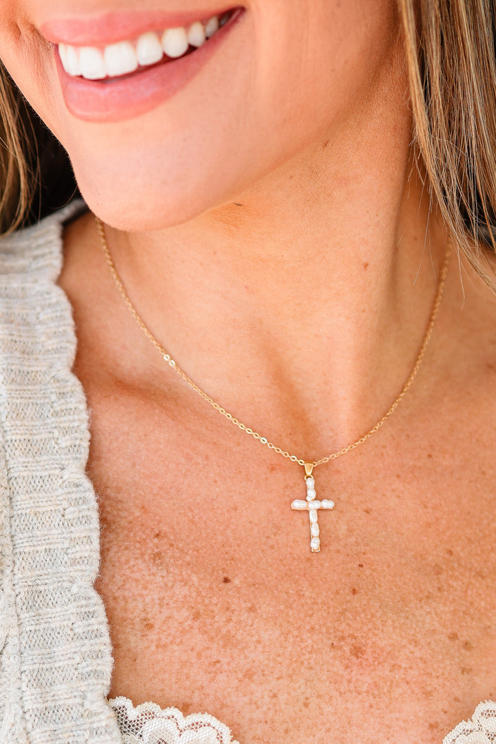 Gold Cross Pearl Pendant Necklace