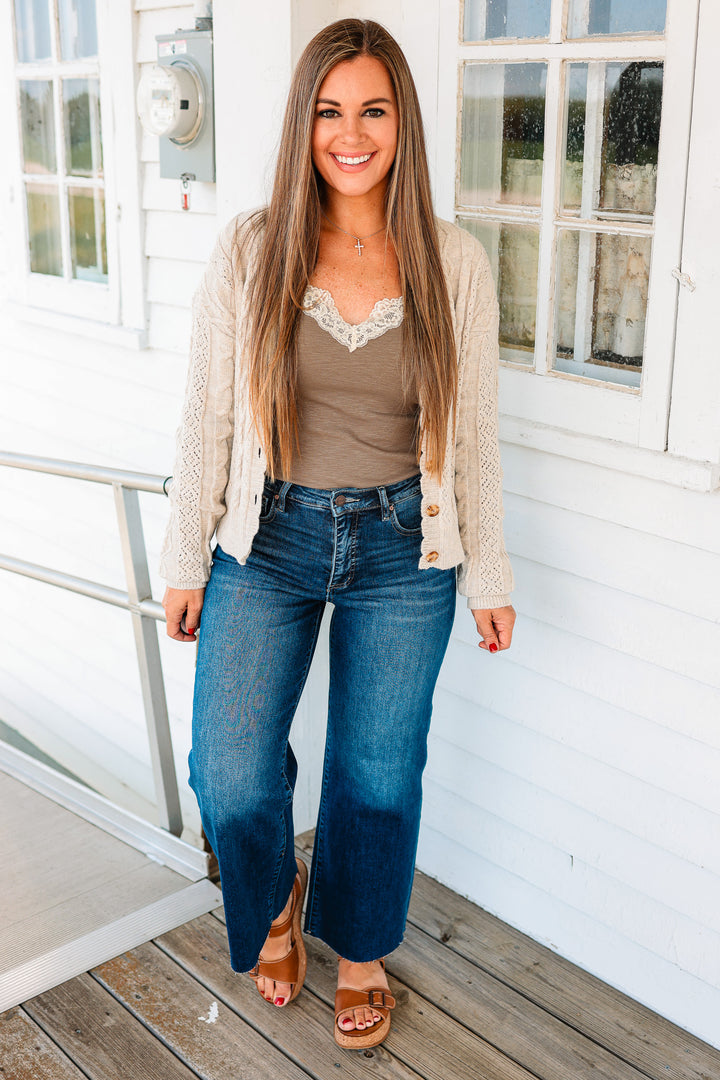 RISEN: Dane Tummy Control Wide Crop Dark Wash Jeans