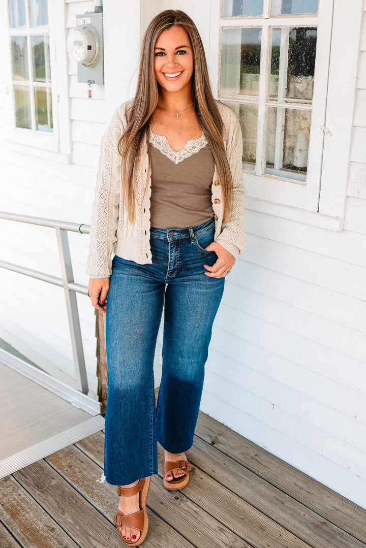 RISEN: Dane Tummy Control Wide Crop Dark Wash Jeans