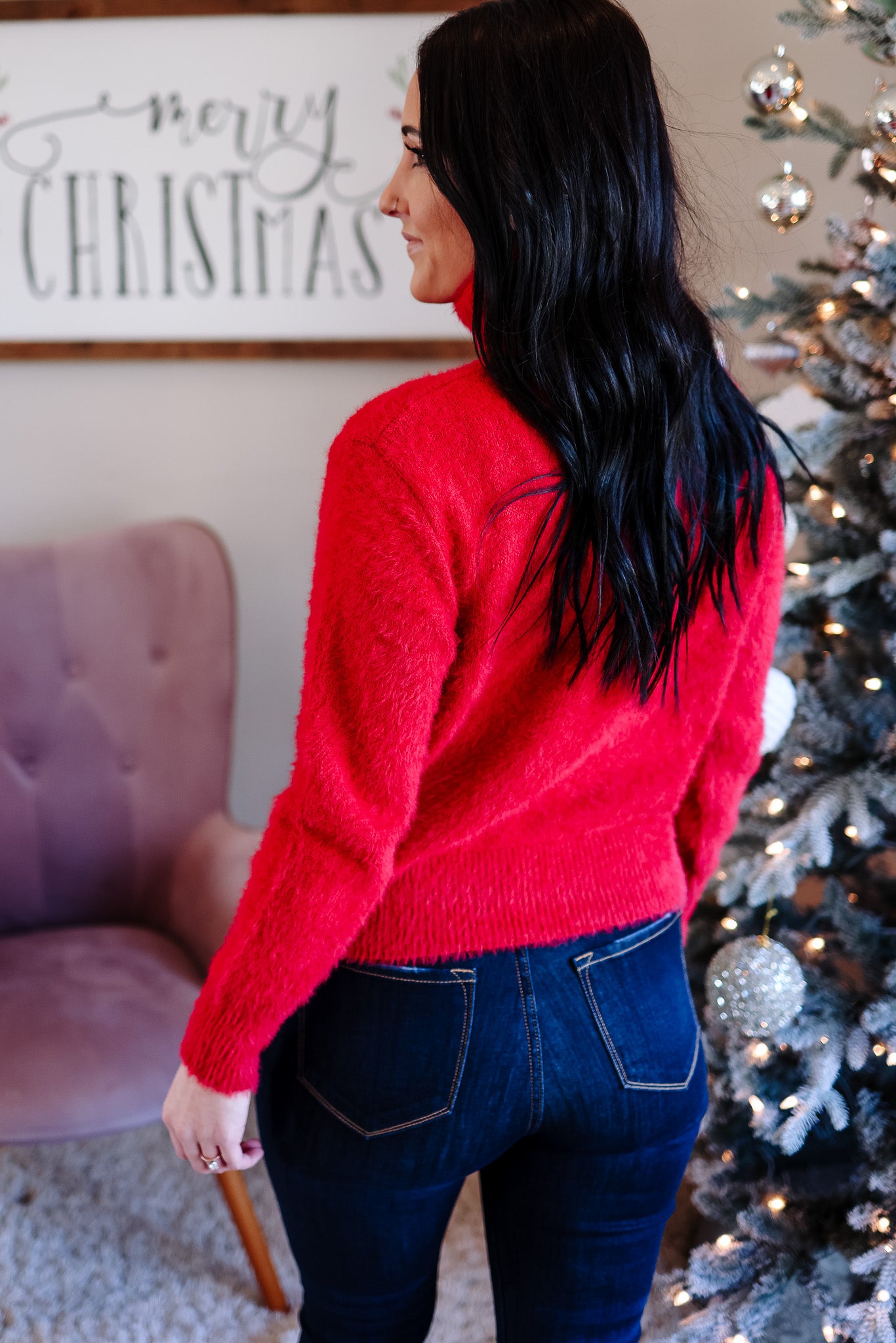 Ella Fuzzy Turtleneck Knit Sweater - Red