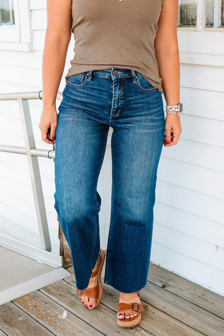 RISEN: Dane Tummy Control Wide Crop Dark Wash Jeans