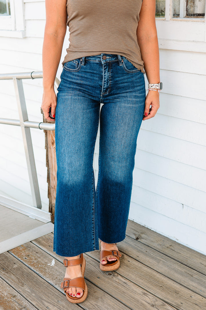 RISEN: Dane Tummy Control Wide Crop Dark Wash Jeans