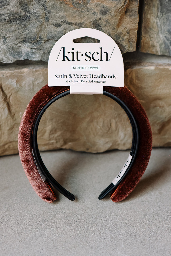 Recycled Fabric Satin & Velvet Headbands 2pc Set - Black/Choco