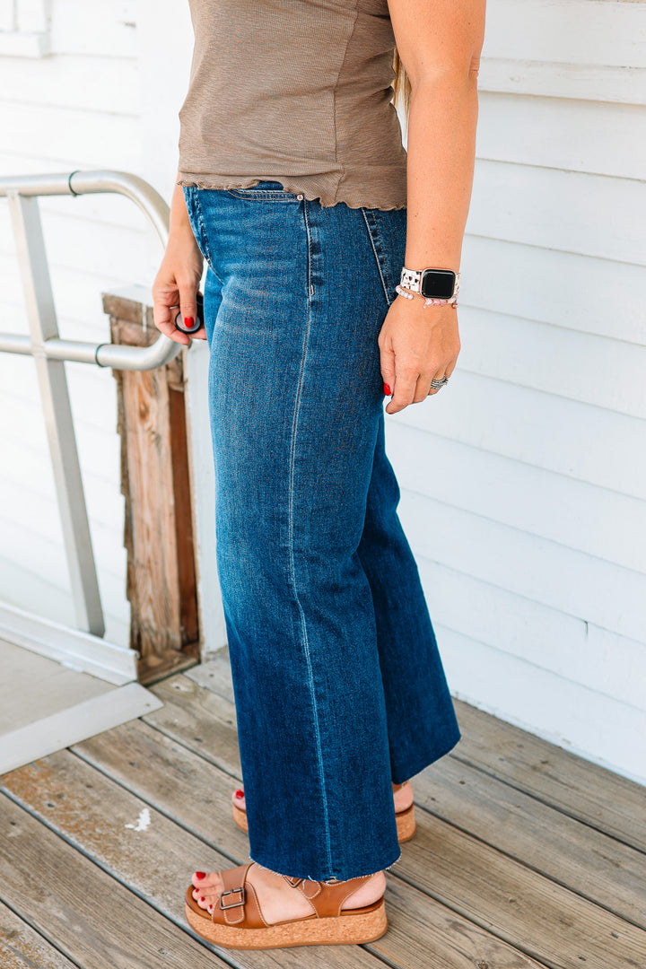 RISEN: Dane Tummy Control Wide Crop Dark Wash Jeans