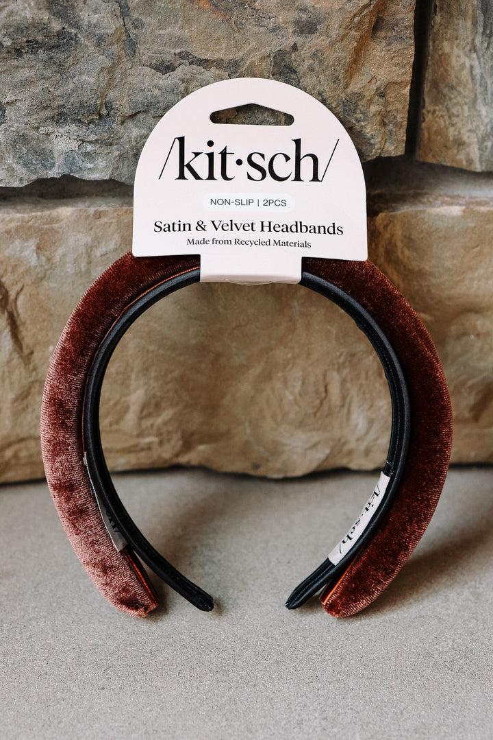 Recycled Fabric Satin & Velvet Headbands 2pc Set - Black/Choco