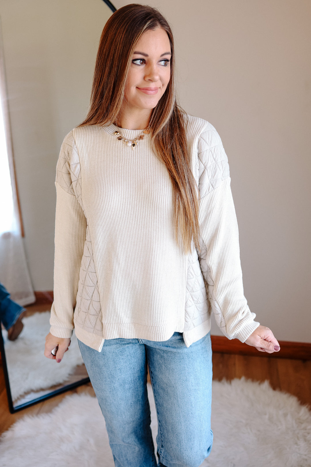 Madeline Mixed Fabric Top -  Ecru