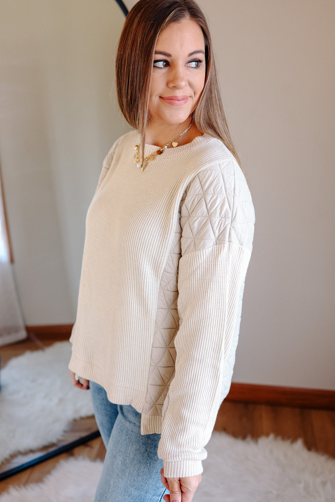 Madeline Mixed Fabric Top -  Ecru