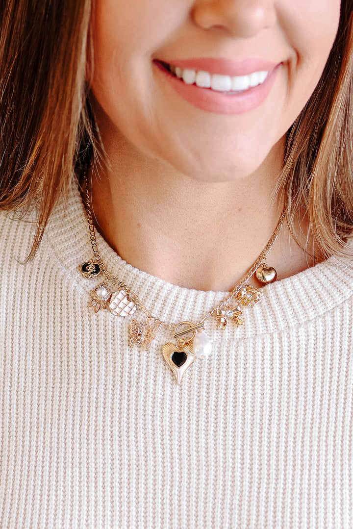 Heart Bow Pearl Flower Charm Necklace