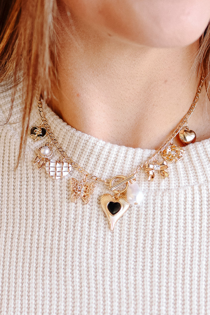 Heart Bow Pearl Flower Charm Necklace