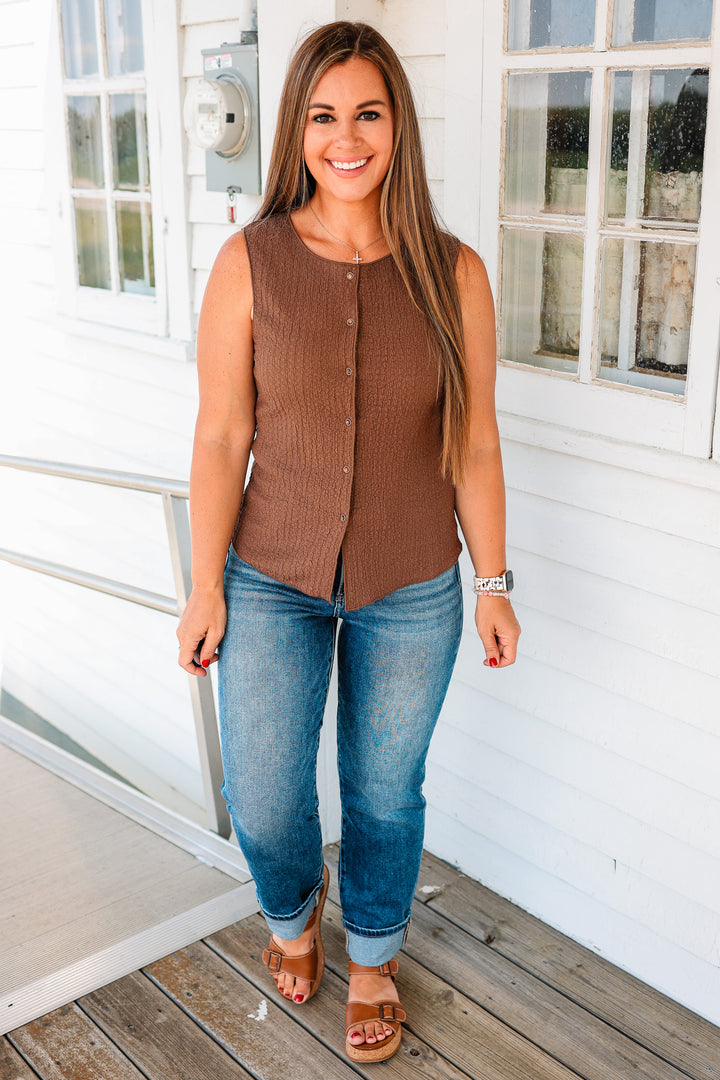 Cleo Texture Button-Down Tank - Mocha