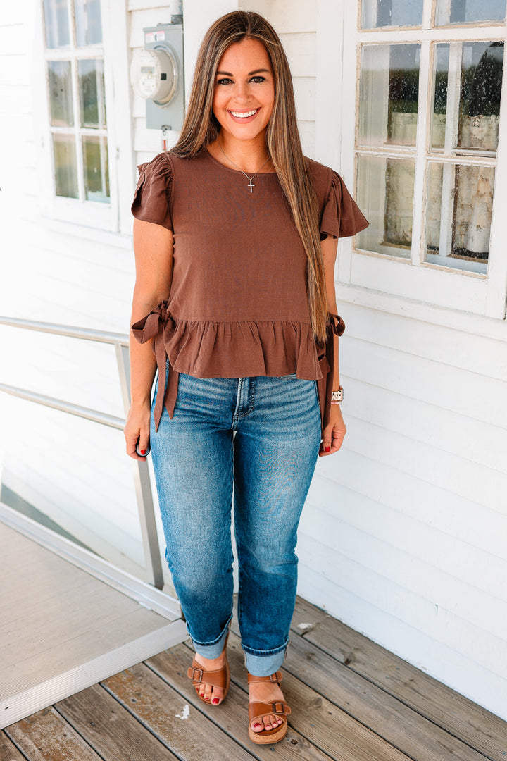 Della Flutter Sleeve Ribbon Tie Top - Brown