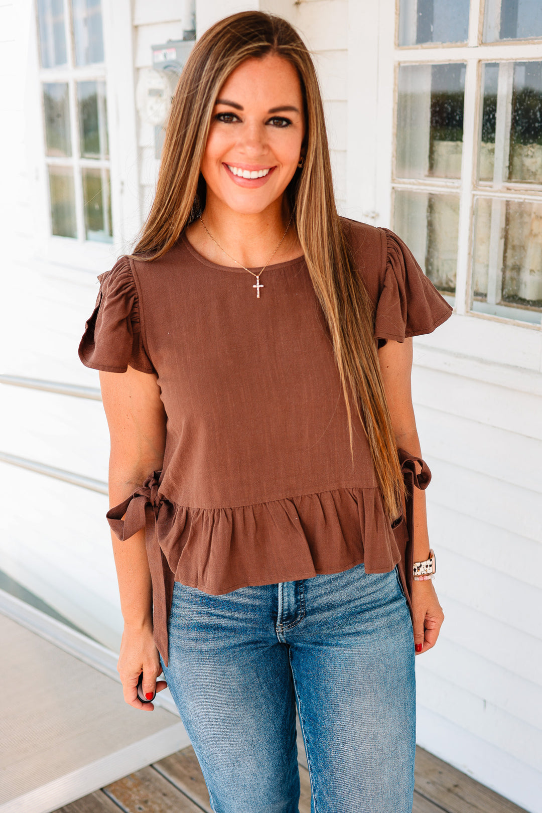 Della Flutter Sleeve Ribbon Tie Top - Brown