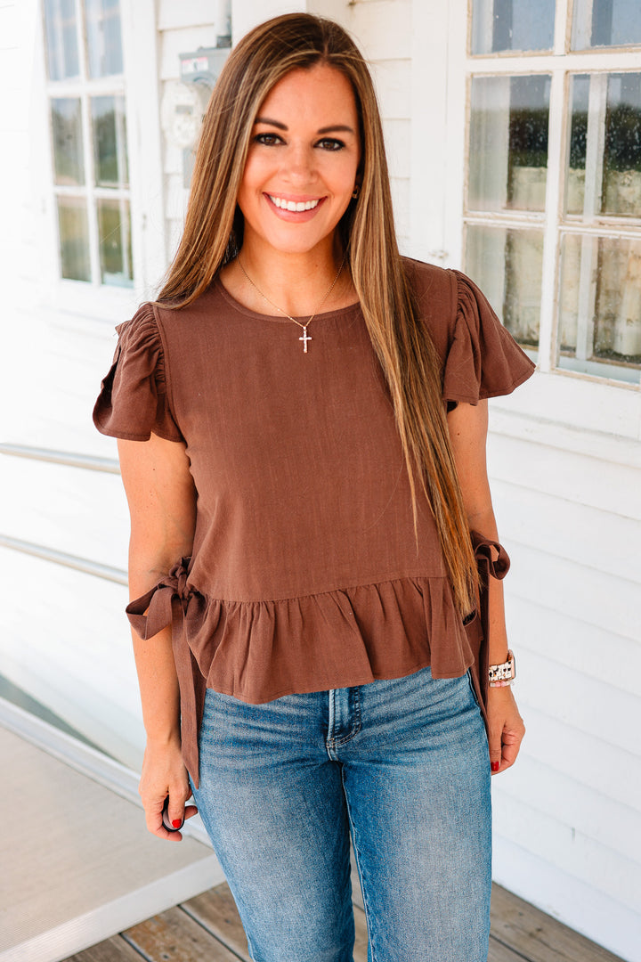 Della Flutter Sleeve Ribbon Tie Top - Brown