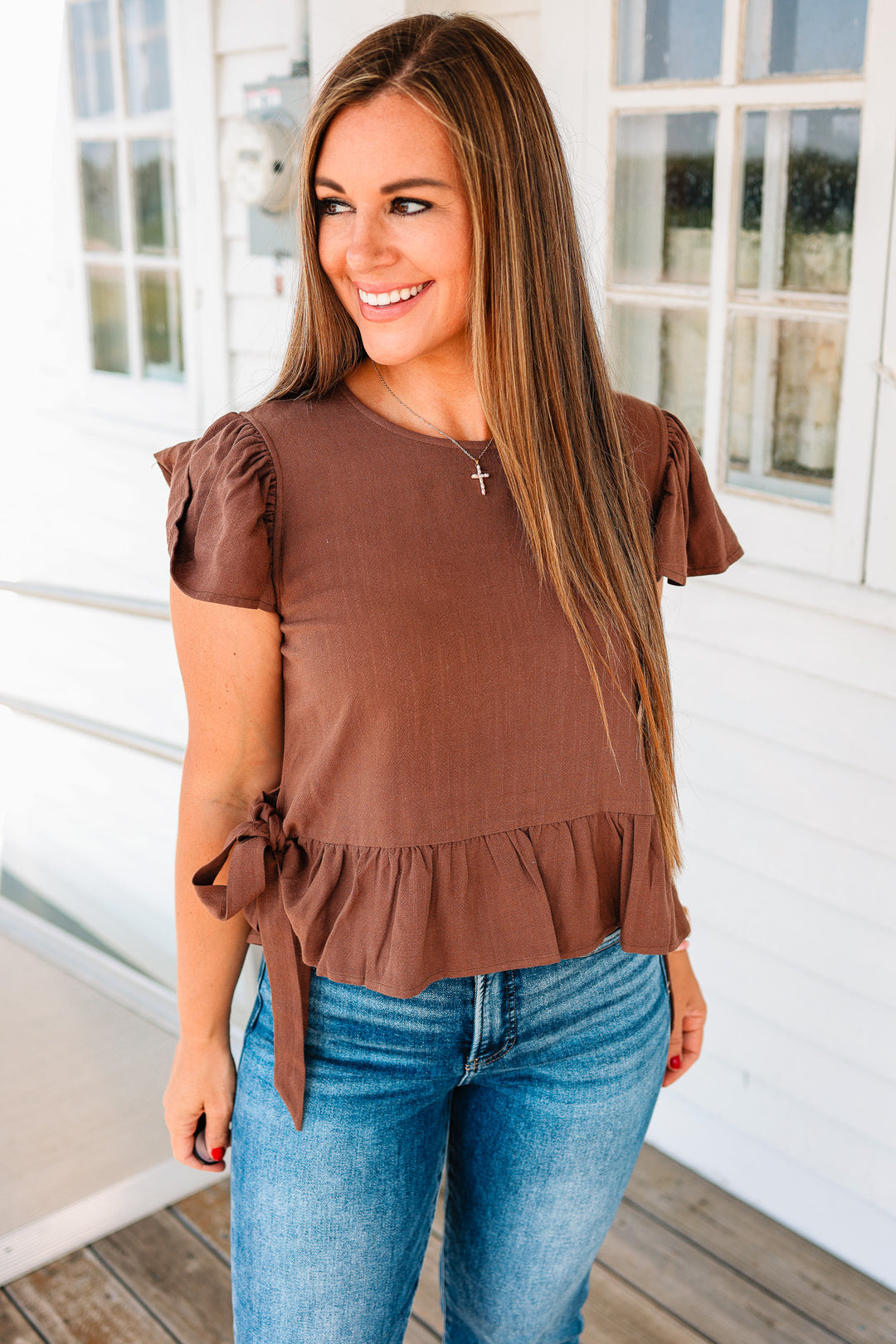 Della Flutter Sleeve Ribbon Tie Top - Brown