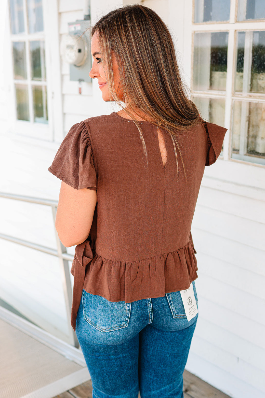 Della Flutter Sleeve Ribbon Tie Top - Brown