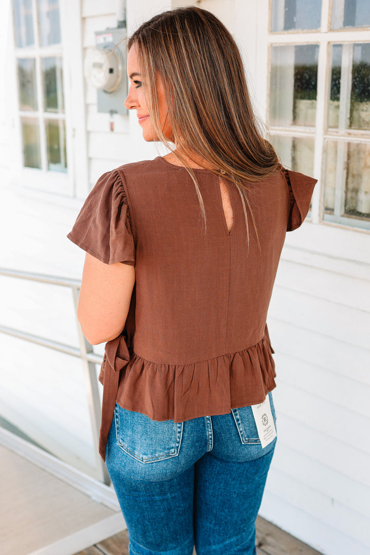 Della Flutter Sleeve Ribbon Tie Top - Brown