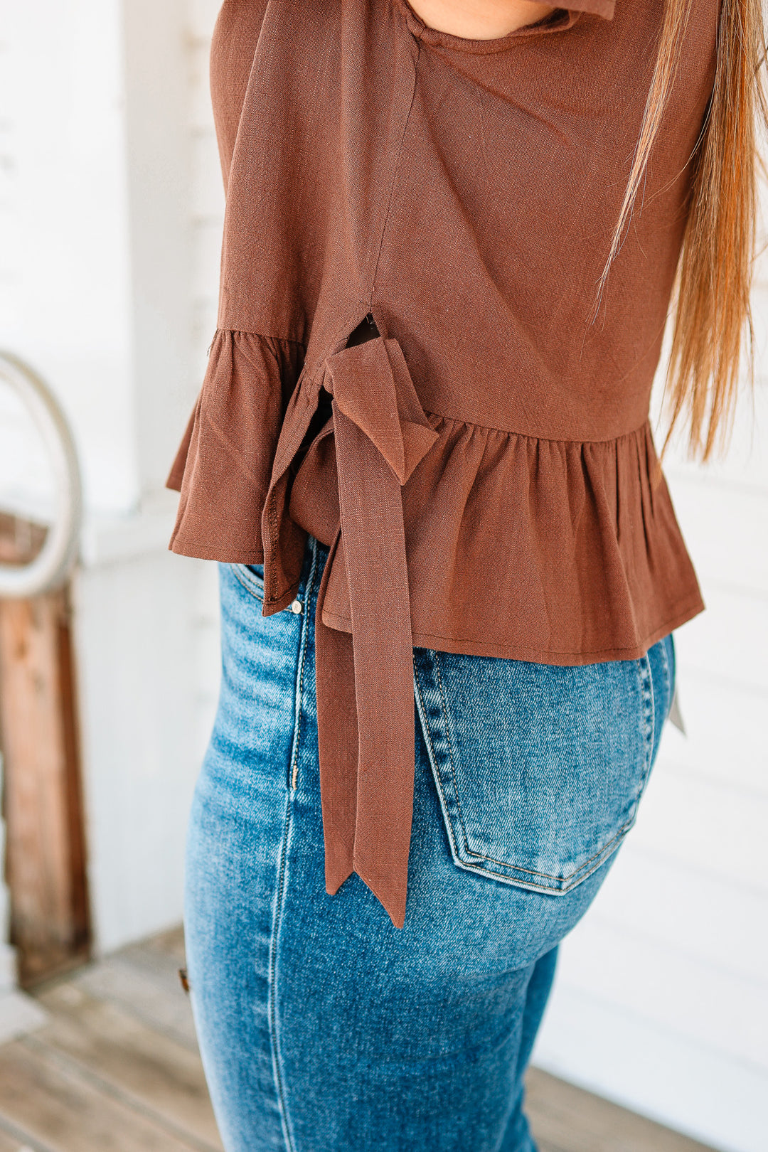 Della Flutter Sleeve Ribbon Tie Top - Brown