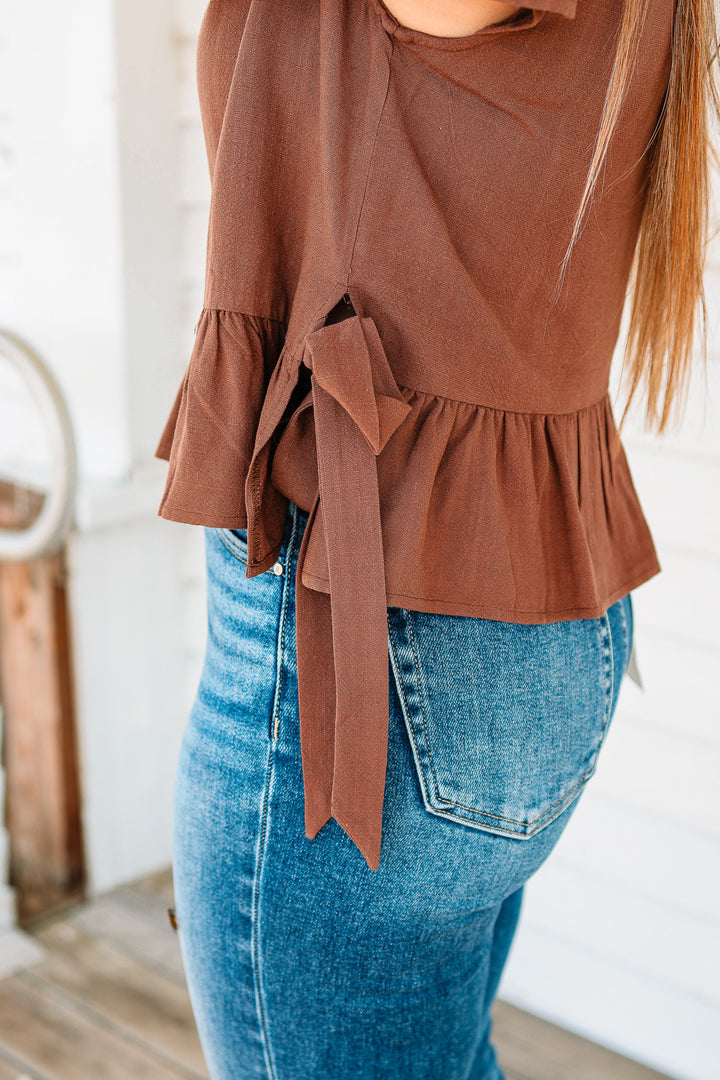 Della Flutter Sleeve Ribbon Tie Top - Brown