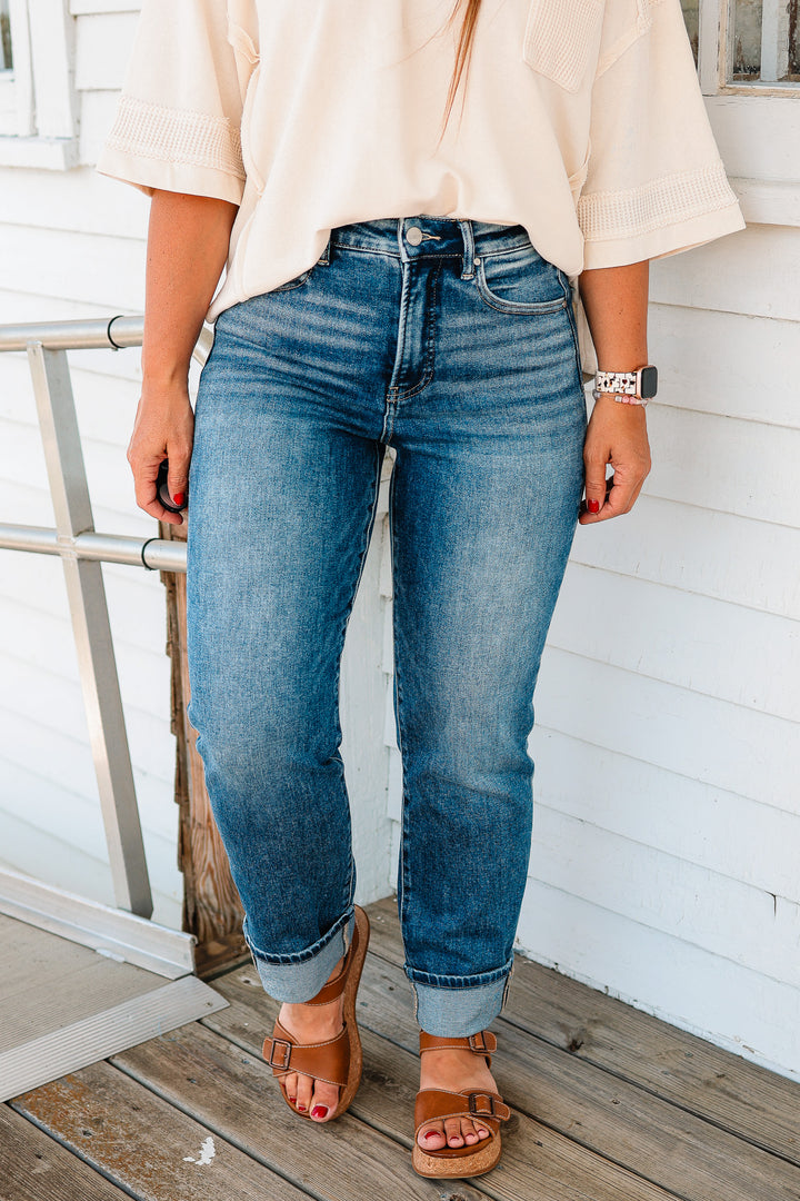 RISEN: Rio Tummy Control Crop Straight Jeans - Dark