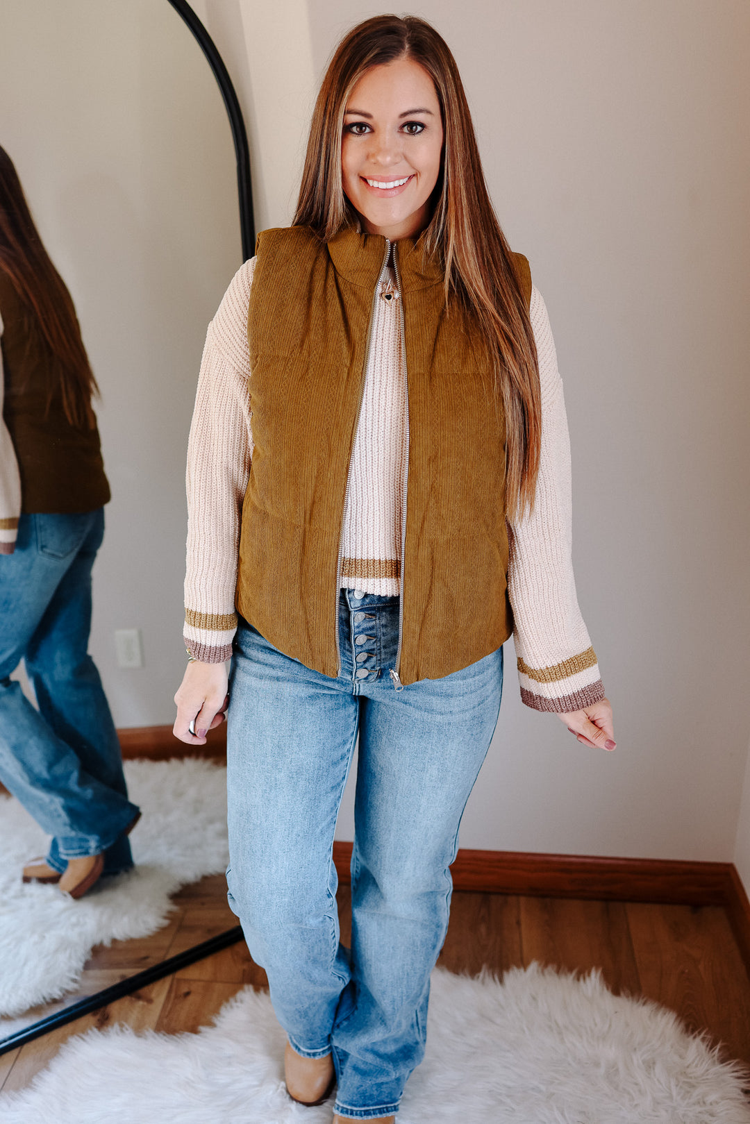 Essie Corduroy & Plaid Reversible Puffer Vest - Olive