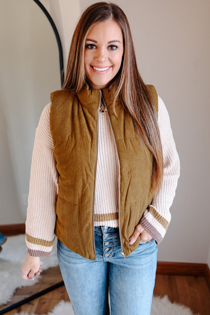 Essie Corduroy & Plaid Reversible Puffer Vest - Olive