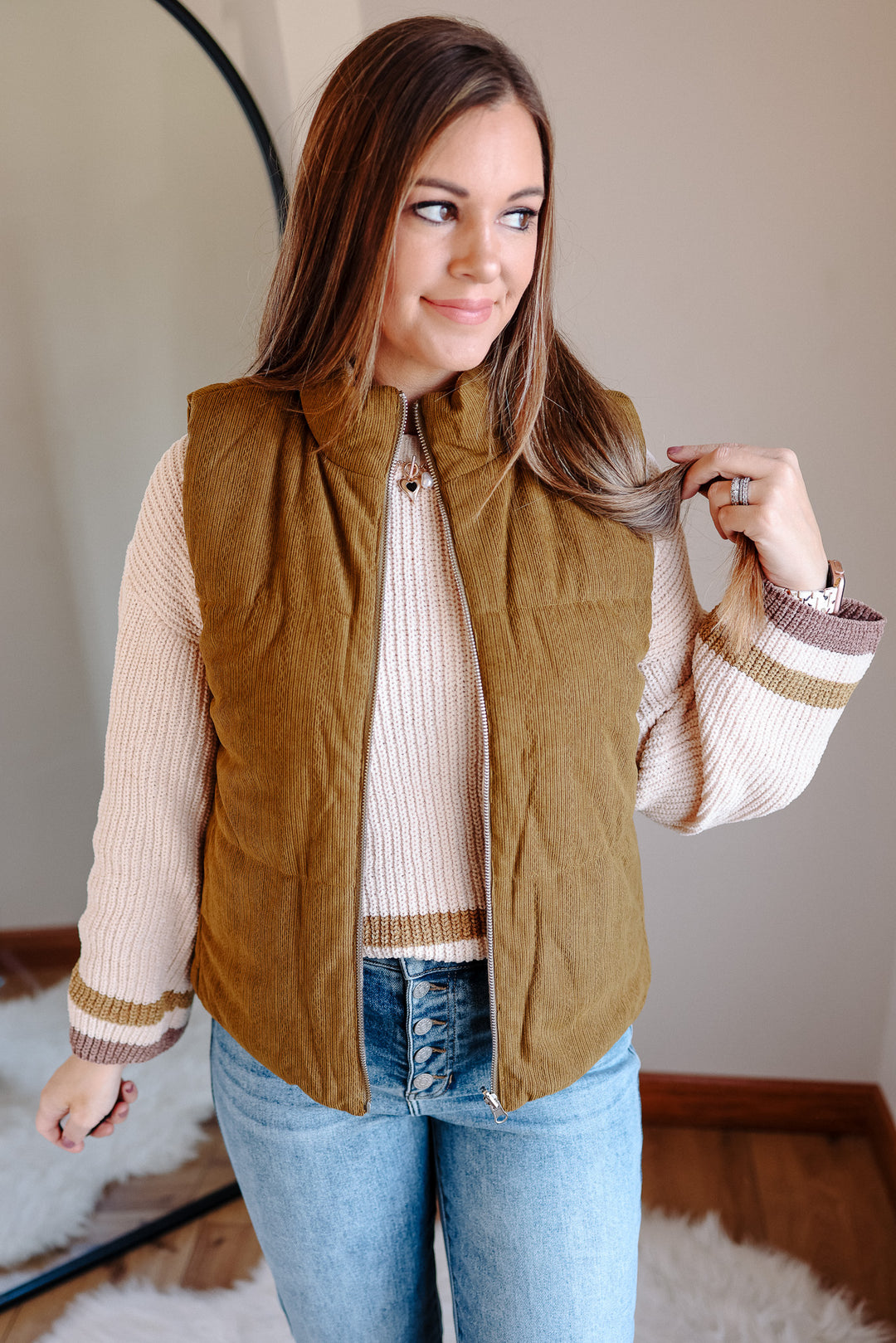 Essie Corduroy & Plaid Reversible Puffer Vest - Olive