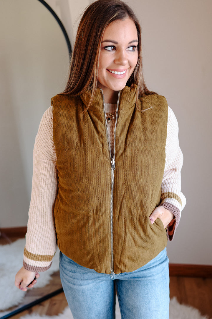 Essie Corduroy & Plaid Reversible Puffer Vest - Olive